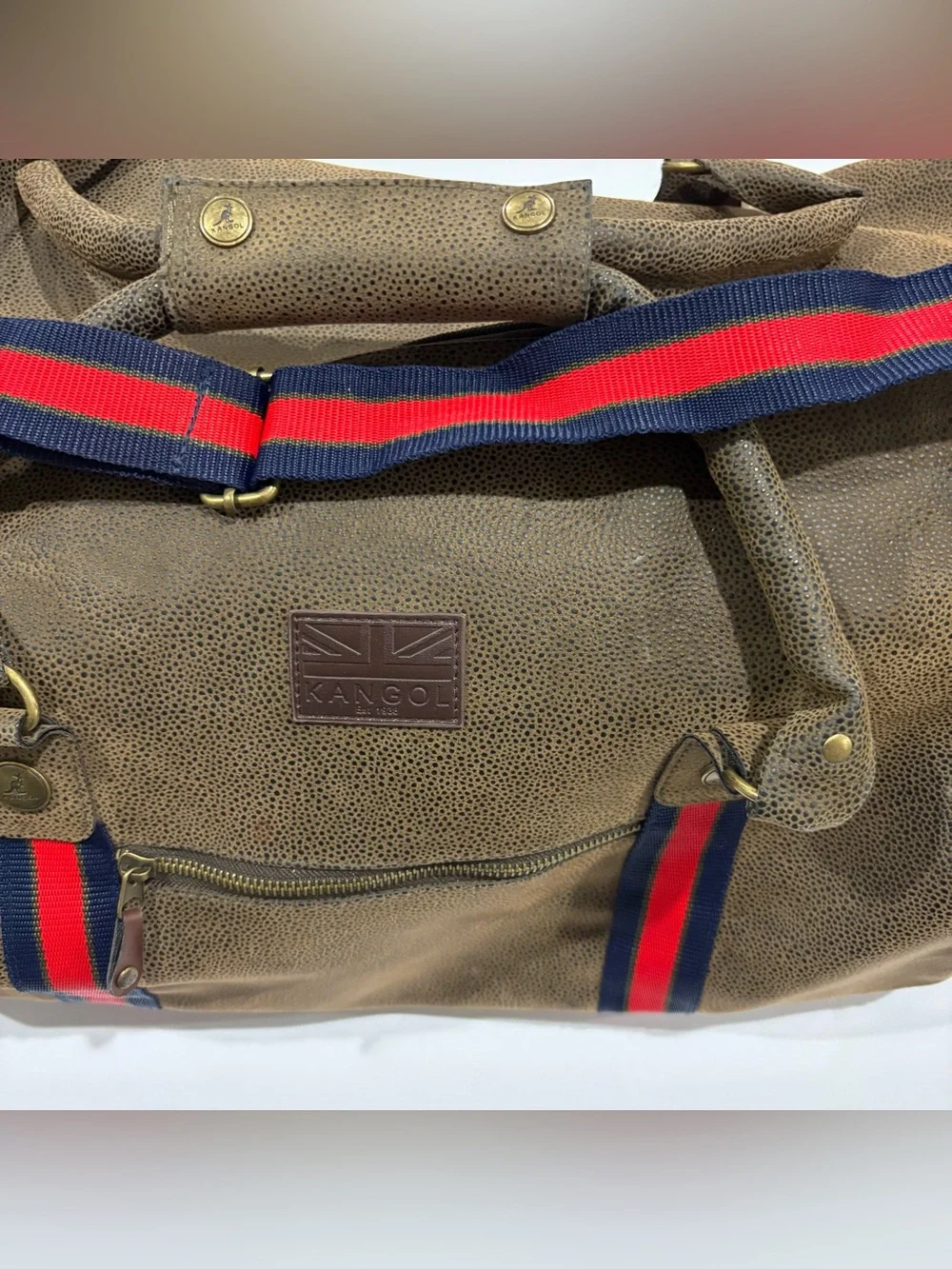 Kangol Brown Faux Leather Duffel Bag Weekender Travel Gym Overnight Shoulder